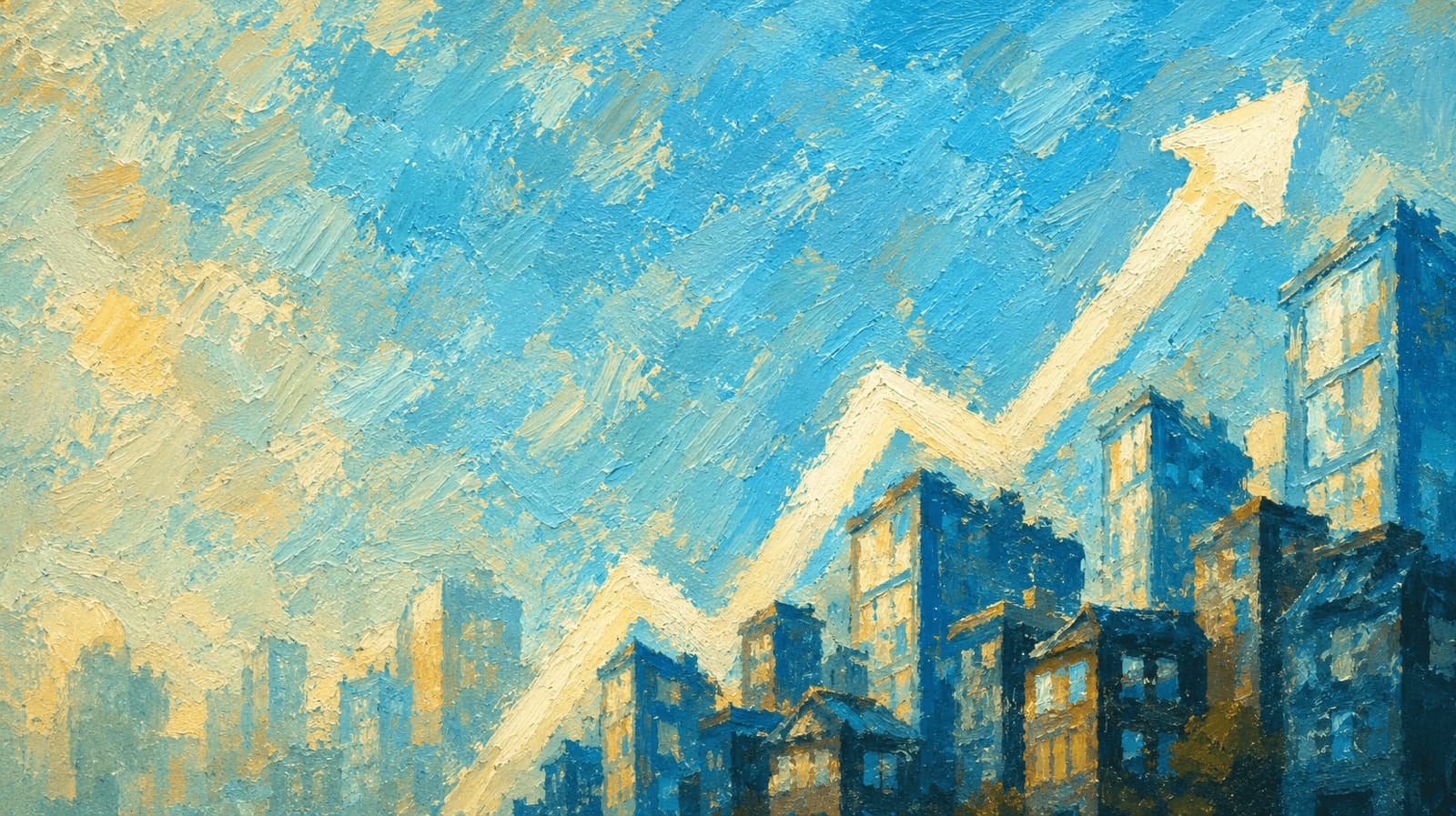 Abstract stylised skyline and chart-like shapes in a muted professional palette.