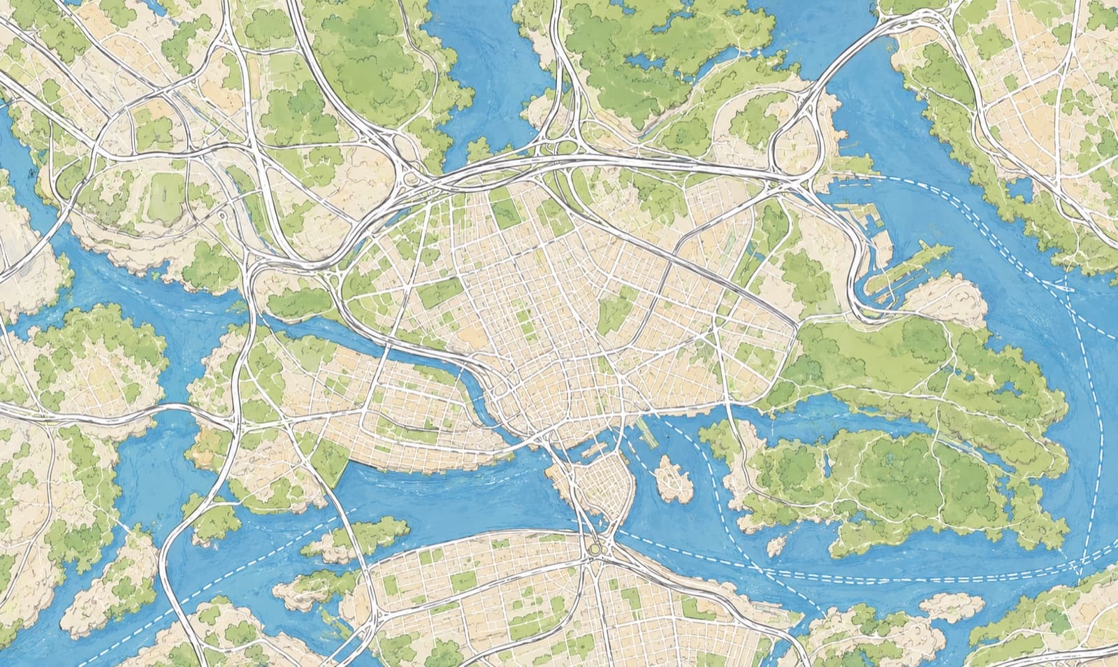 Abstrakt stadsdelakarta med färgade zoner, redaktionell minimalism.