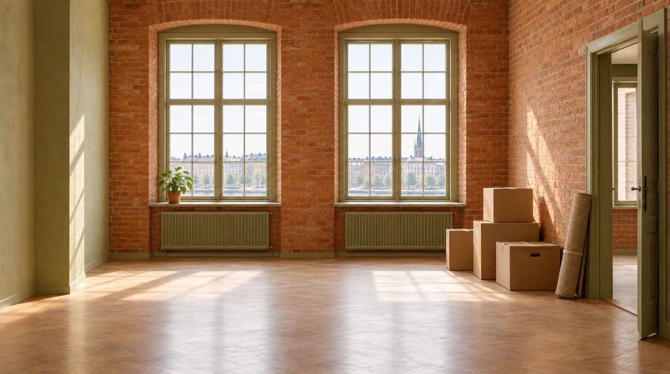 Empty, bright office with brick walls and a few moving boxes by the door.