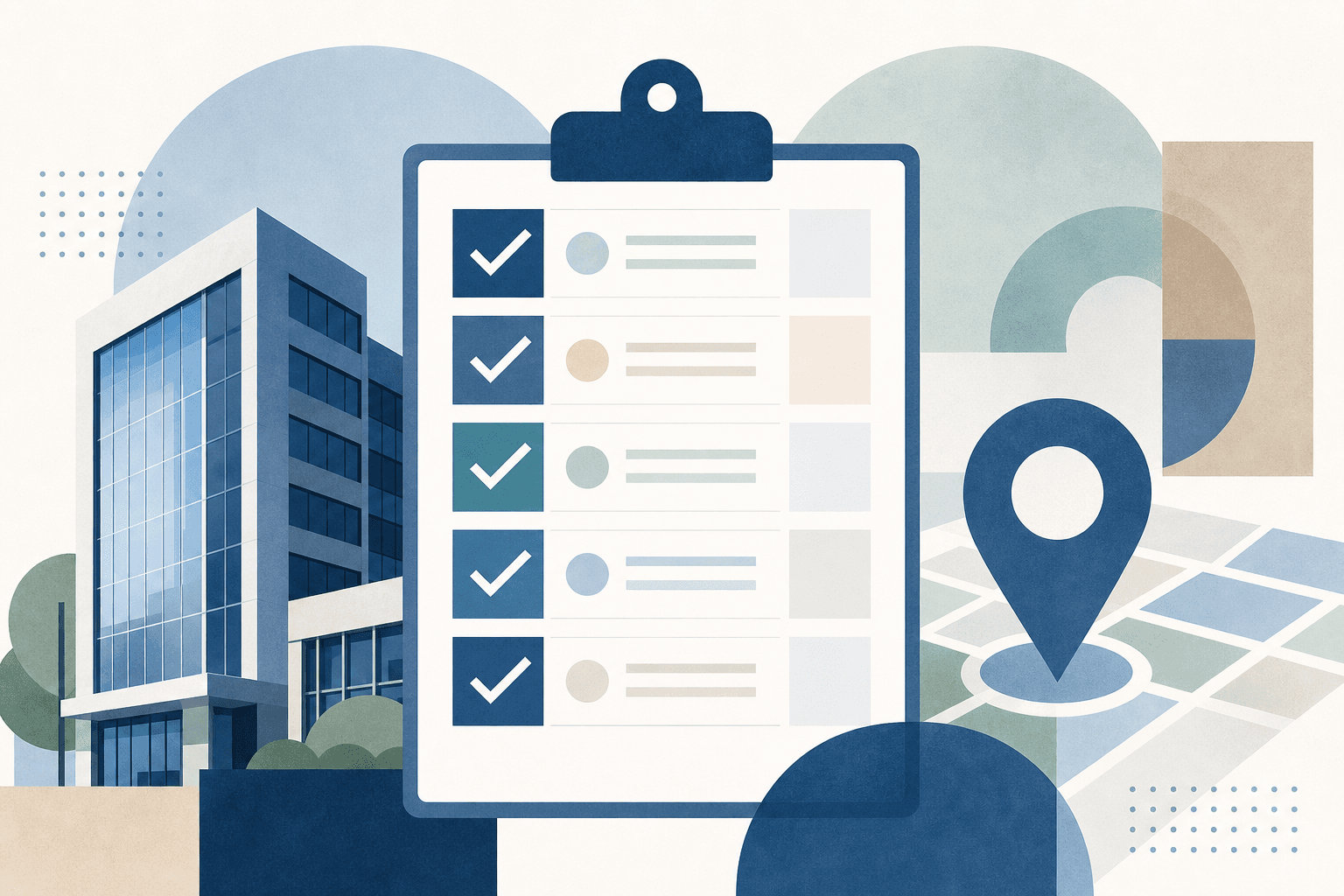 Abstrakt checklista med byggnadssilhuett och kartmarkörer i mjuka färger.