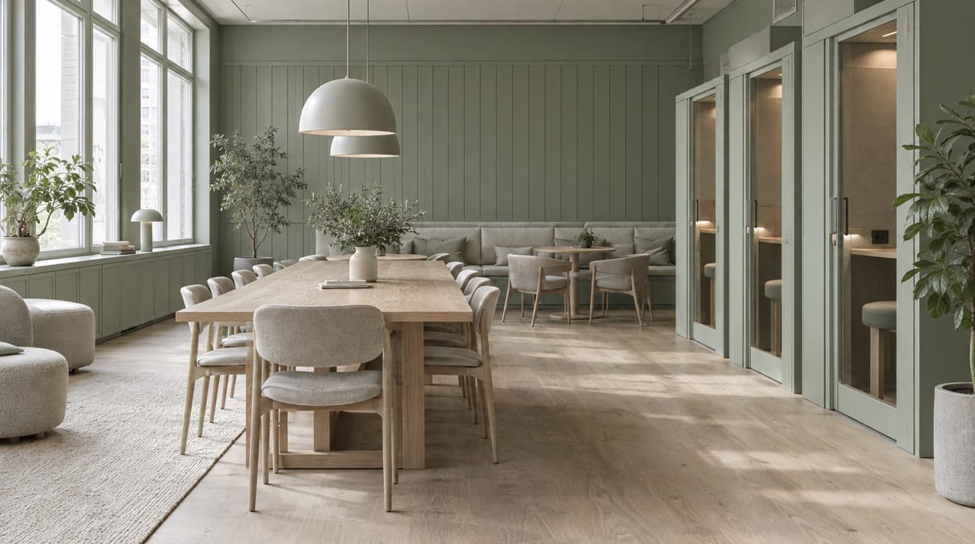 Flexible office lounge with sage green panelling, a long shared table and phone booths.