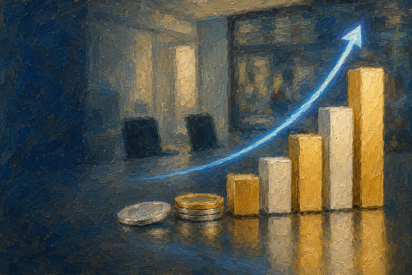 Abstrakt stapeldiagramkänsla med byggnadssiluetter och myntliknande former.