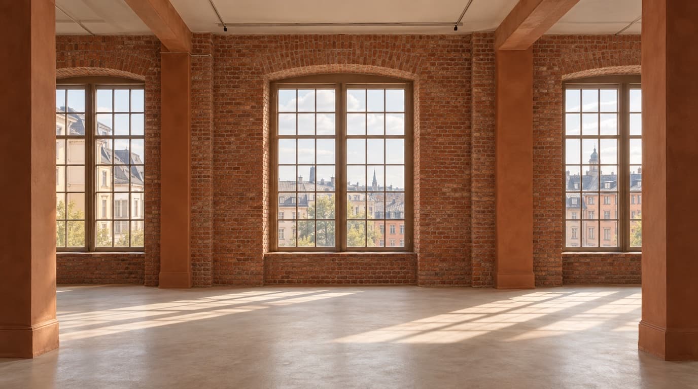 Empty office space with brick walls and terracotta columns in an older Stockholm building.
