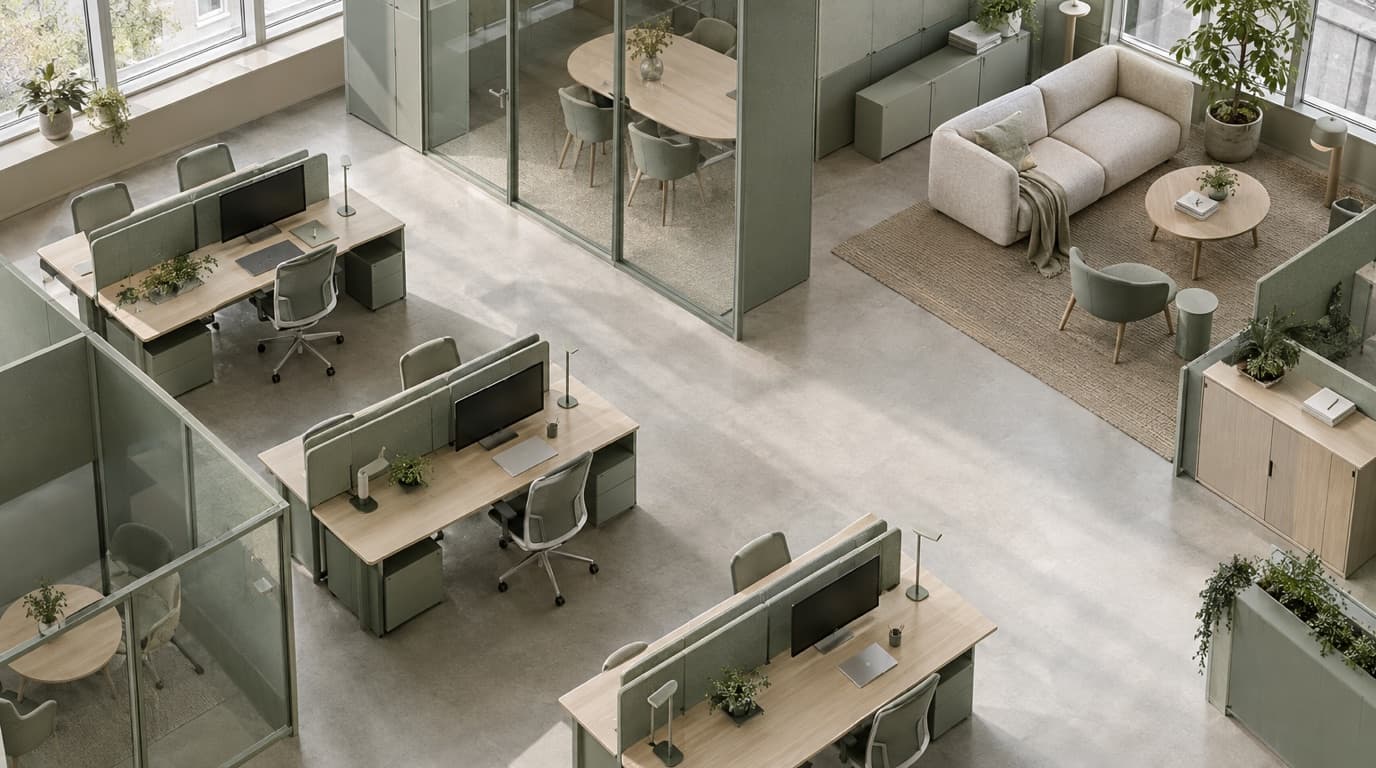 Office floor from above, divided into desks, meeting rooms and a lounge by sage green screens.