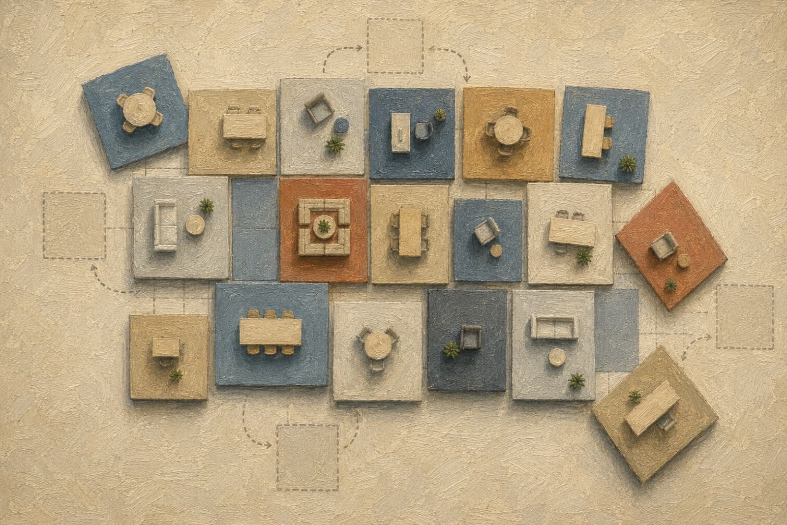 Abstract grid floorplan breaking into reconfigurable tiles.