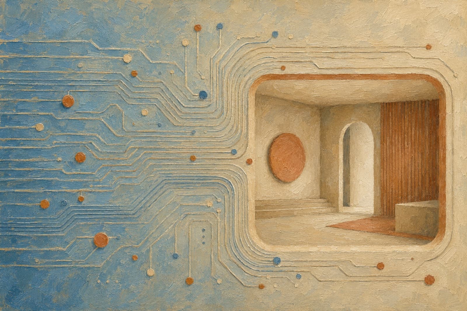 Abstrakt kretsmönster som möter rumsgeometri, redaktionell stil.