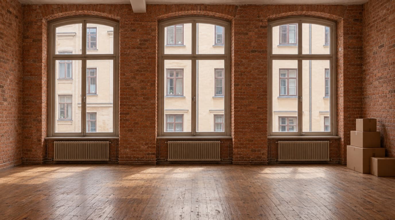 Empty brick-walled office with tall windows facing a Stockholm street.