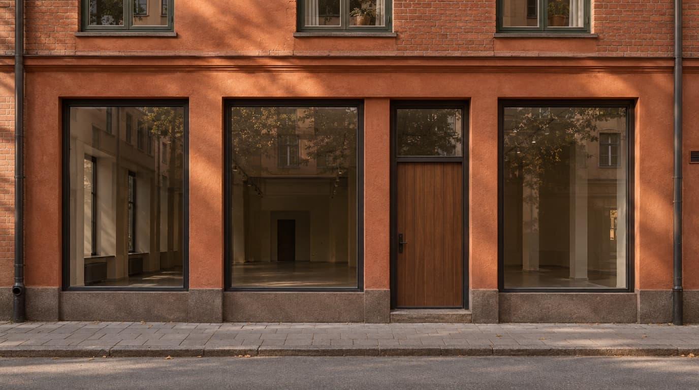 Brick facade with an empty ground-floor unit and dark windows on a Stockholm street.