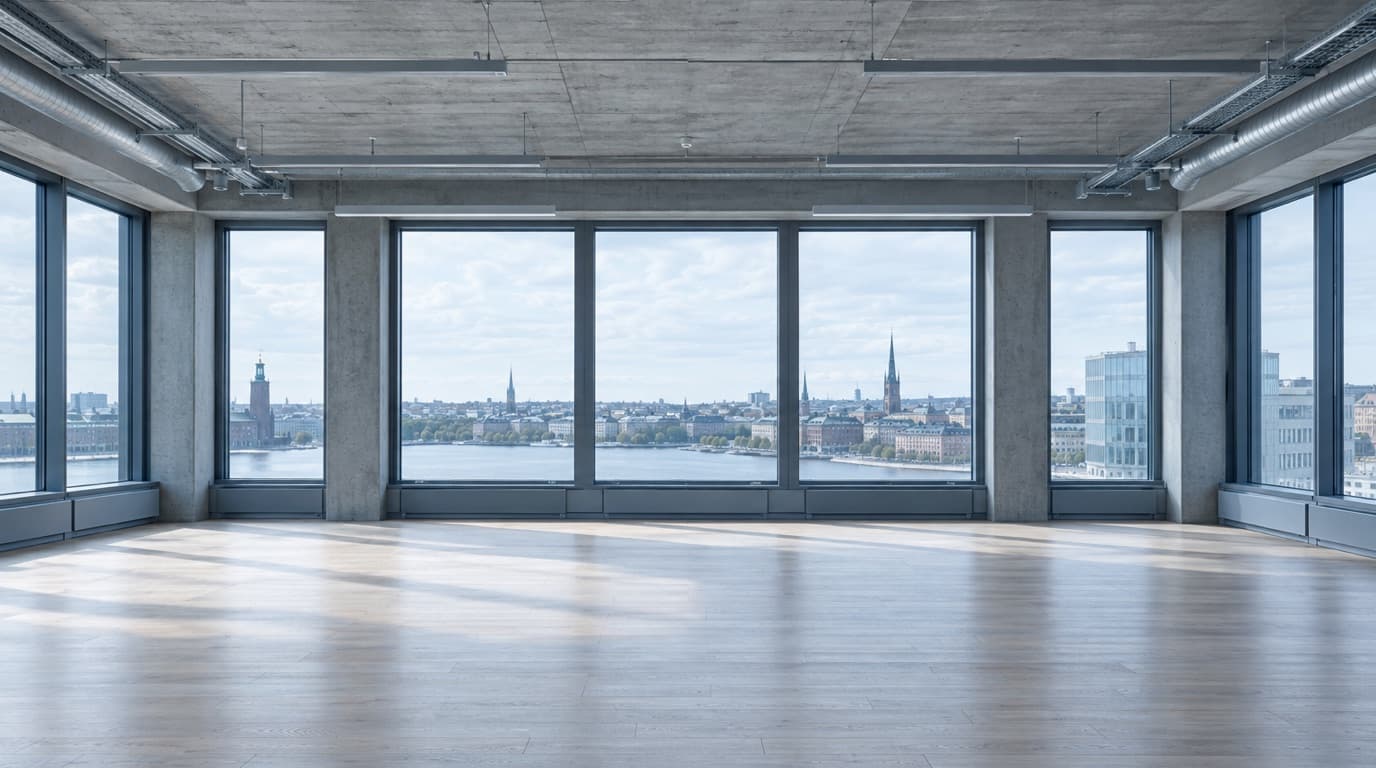 Tomt, renoverat kontorsplan med stora fönster och utsikt över Stockholm.