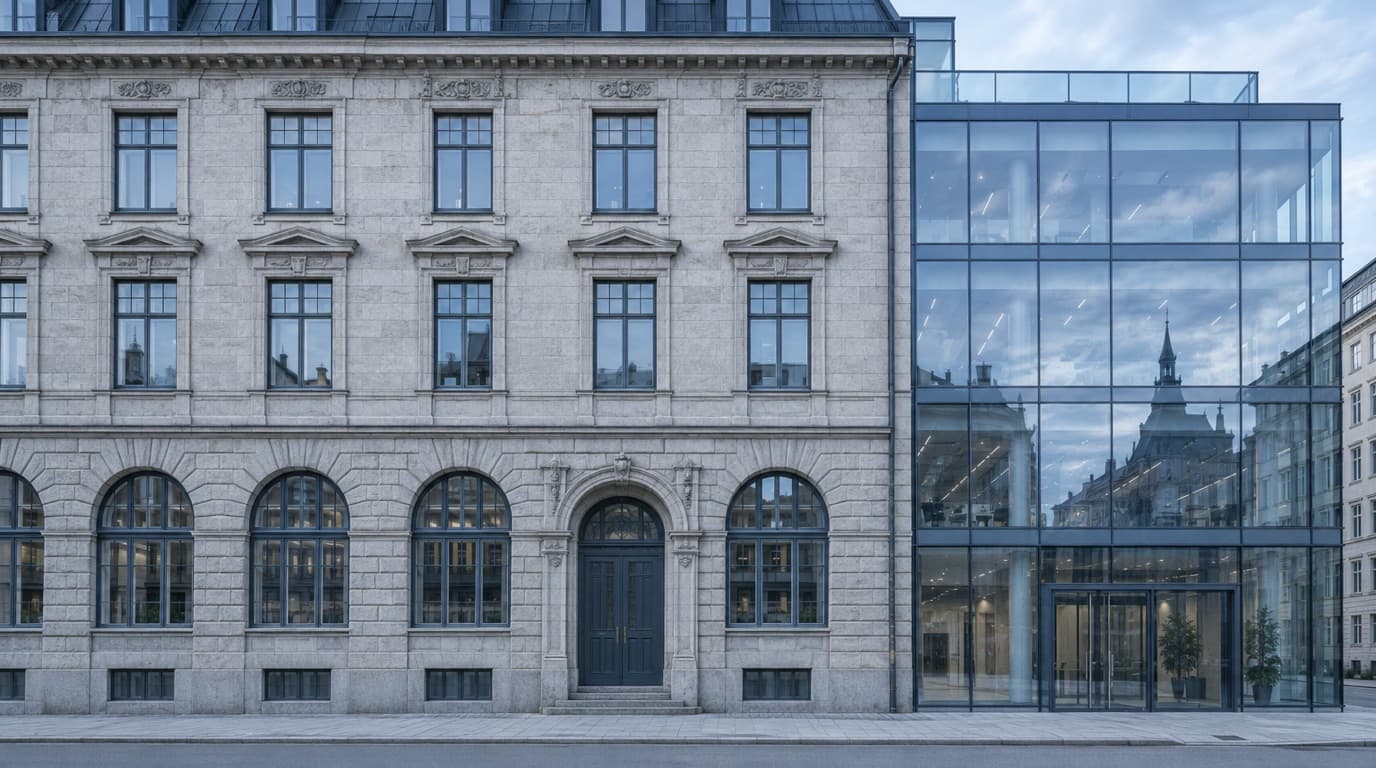 Early 1900s stone facade next to a modern glass extension.