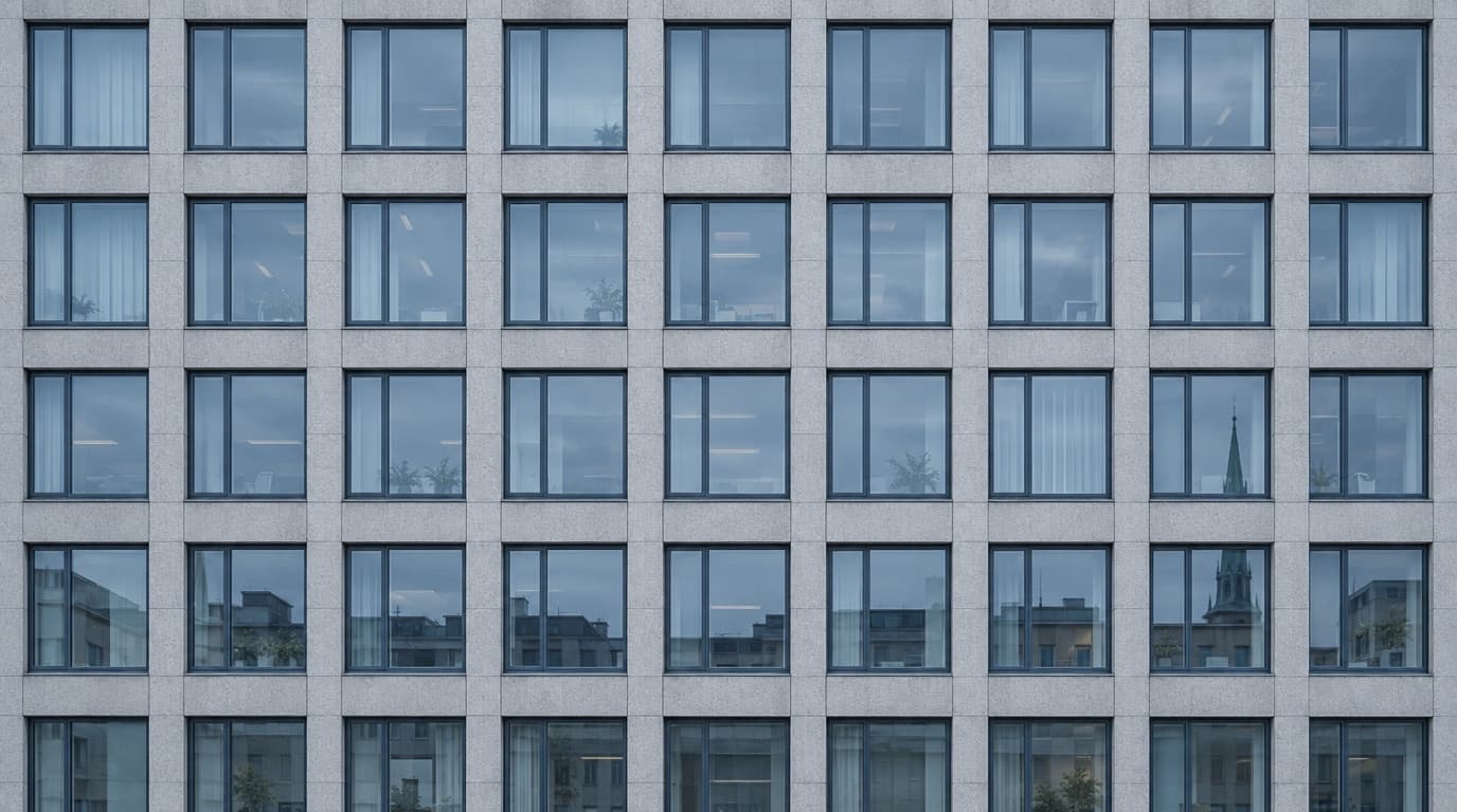 Office facade with an even grid of windows, like a spreadsheet.