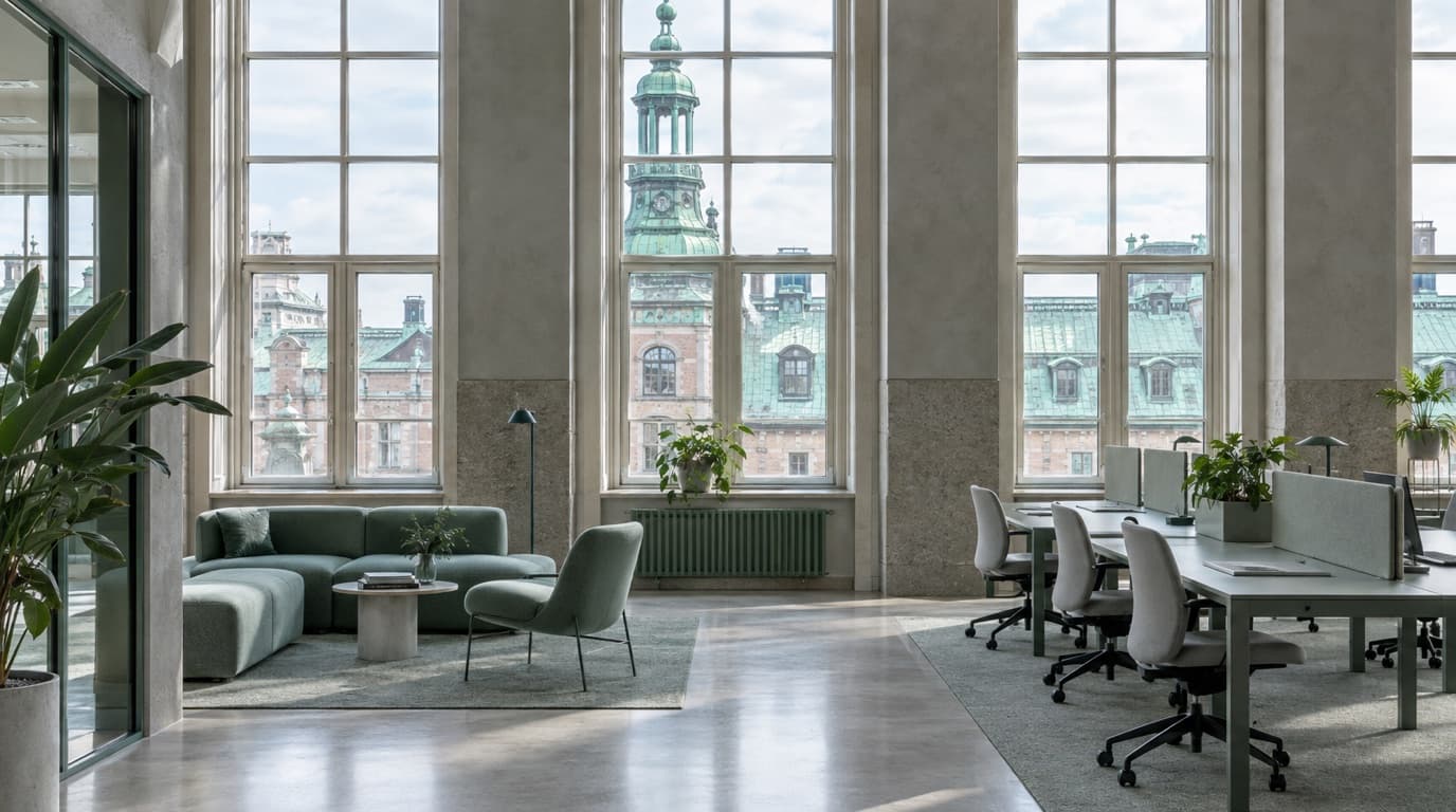 Ljust, flexibelt kontor i en renoverad sekelskiftesbyggnad med utsikt mot ärgade koppartak.