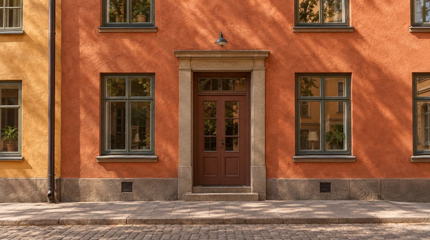 Stockholmsgata med terrakottaputsade sekelskifteshus och en kontorsentré.