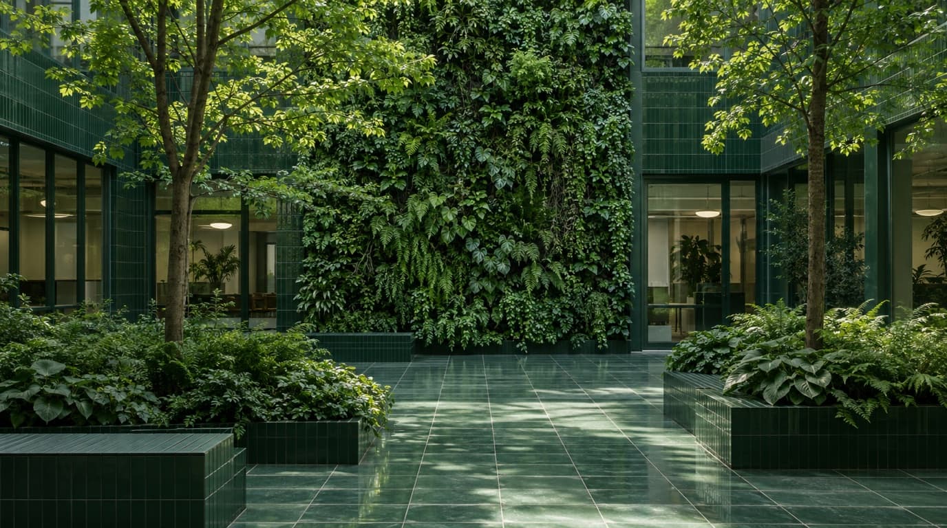 Innergård i en miljöcertifierad kontorsbyggnad med växtvägg, träd och gröna kakelplattor.