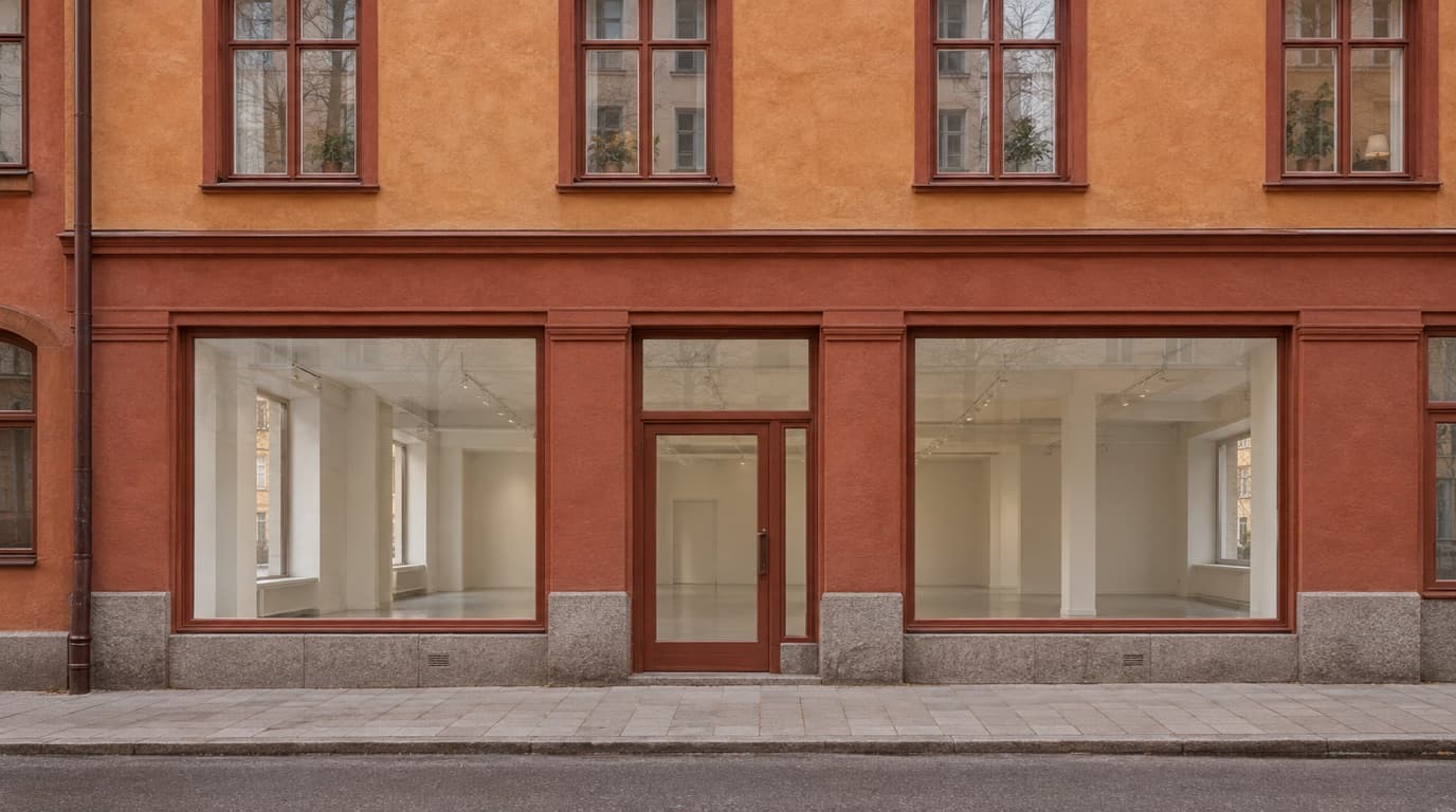 Terracotta plastered street facade in Stockholm with an empty ground-floor unit.