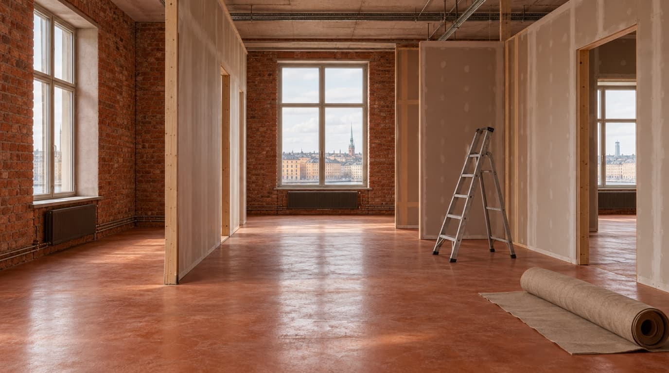 Empty office space under conversion with new plasterboard walls and an old brick wall.