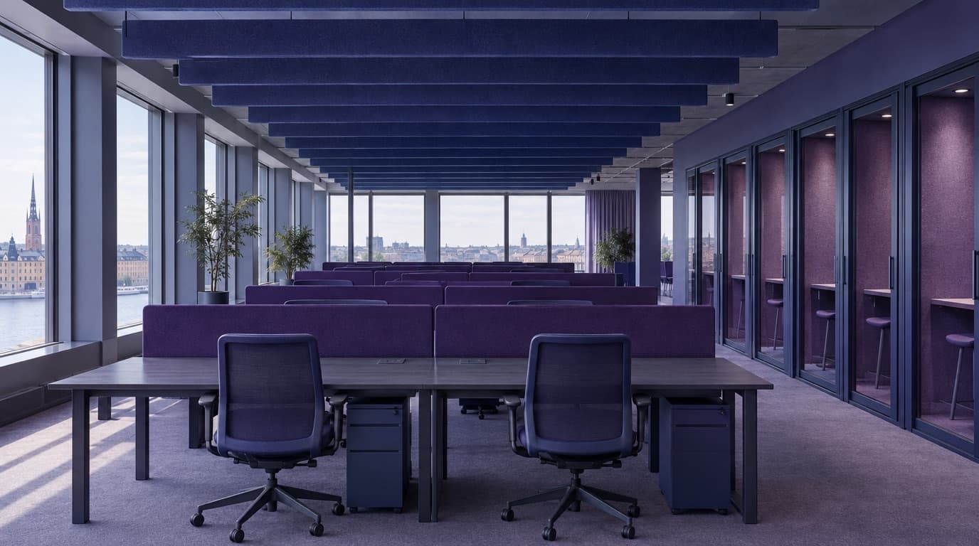 Tomt öppet kontorslandskap i Stockholm med skrivbordsrader, ljudabsorbenter i taket och glasade telefonrum i indigo.