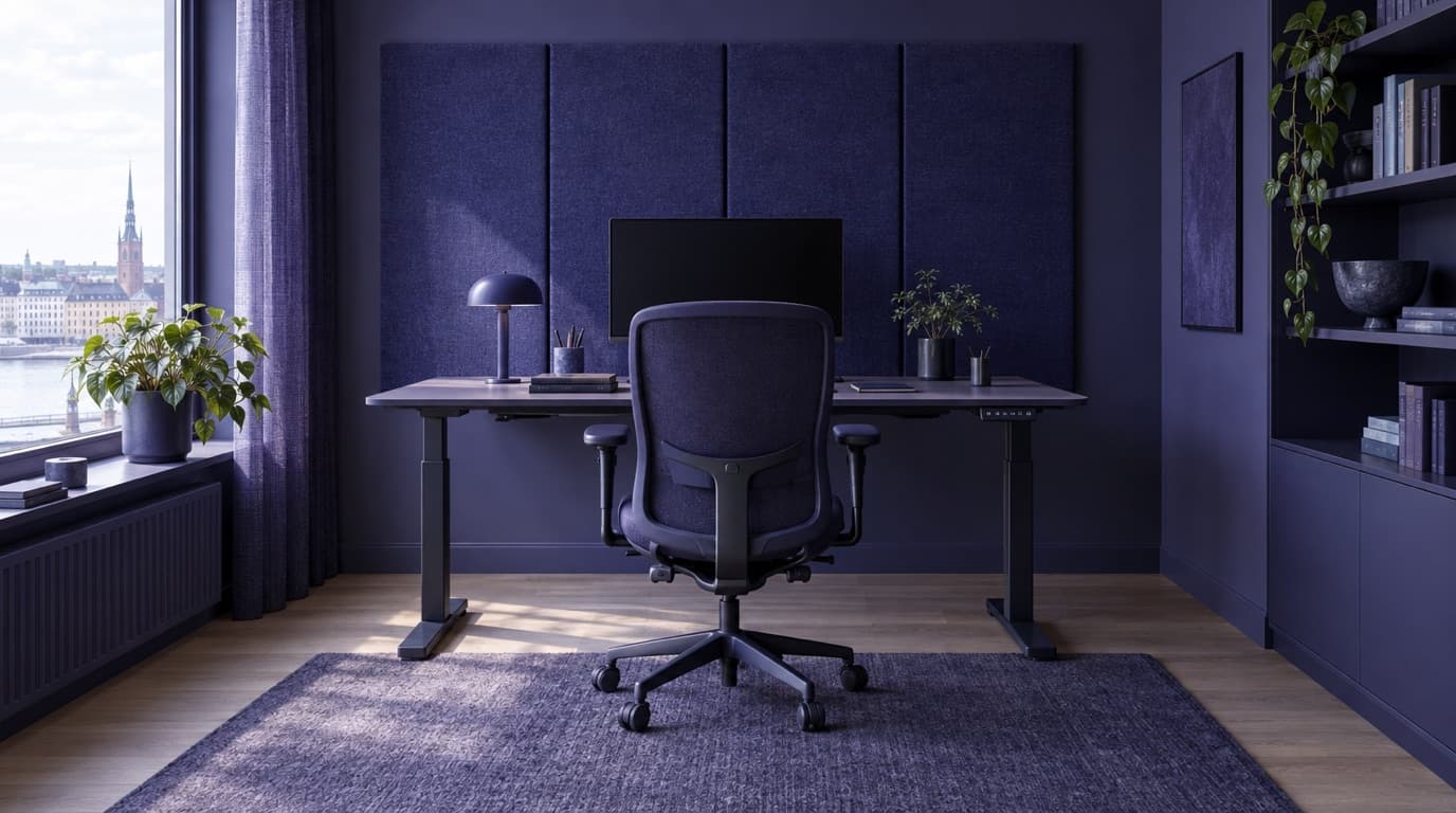 Ergonomisk arbetsplats med höj- och sänkbart skrivbord och indigoblå akustikpaneler.