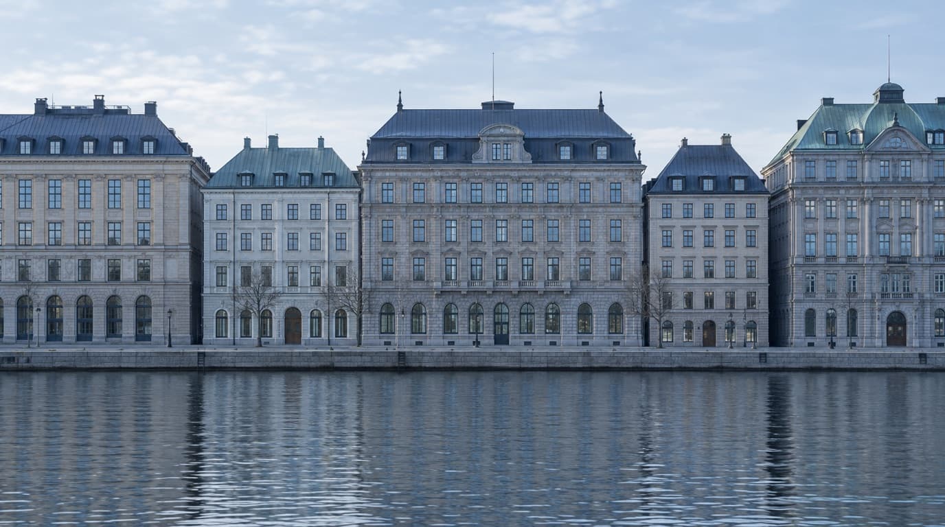 A row of classic commercial buildings along the Stockholm waterfront.