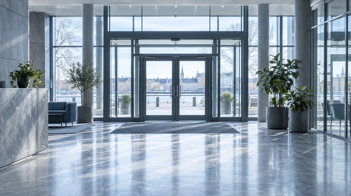 Bright, welcoming office lobby with a stone floor and plants.