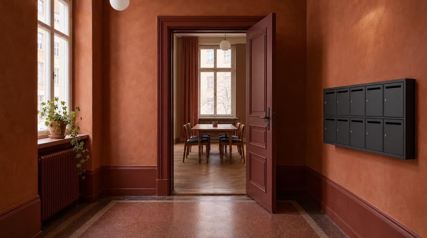 En rad mörka brevlådor i en terrakottafärgad trappuppgång i ett gammalt stenhus i Stockholm, med en öppen dörr in mot ett litet mötesrum.